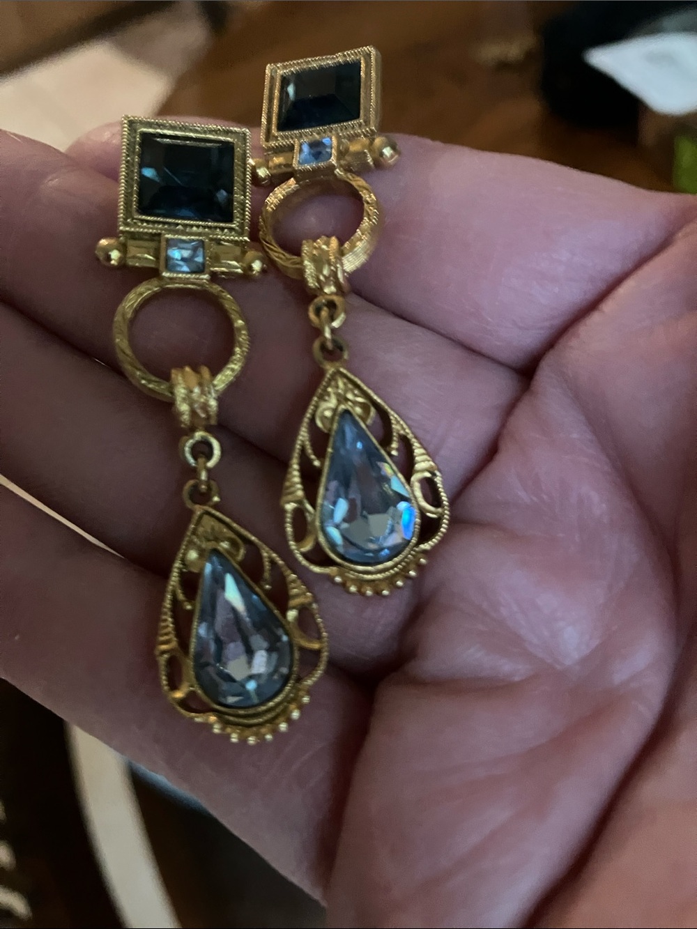 Gold Drop Earrings with Blue Teardrop Stones
